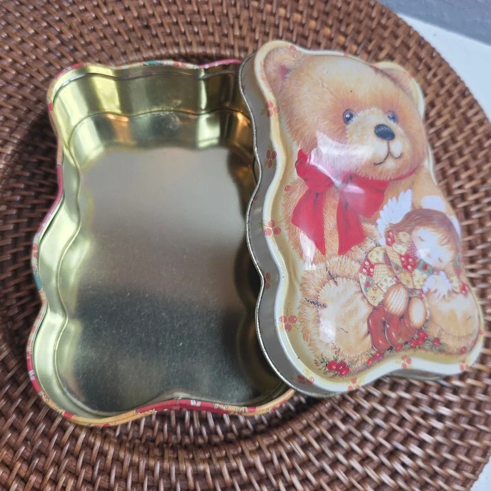 Vintage Christmas Teddy‎ Bear Shaped Tin Box Patchwork Quilt Print With Angel